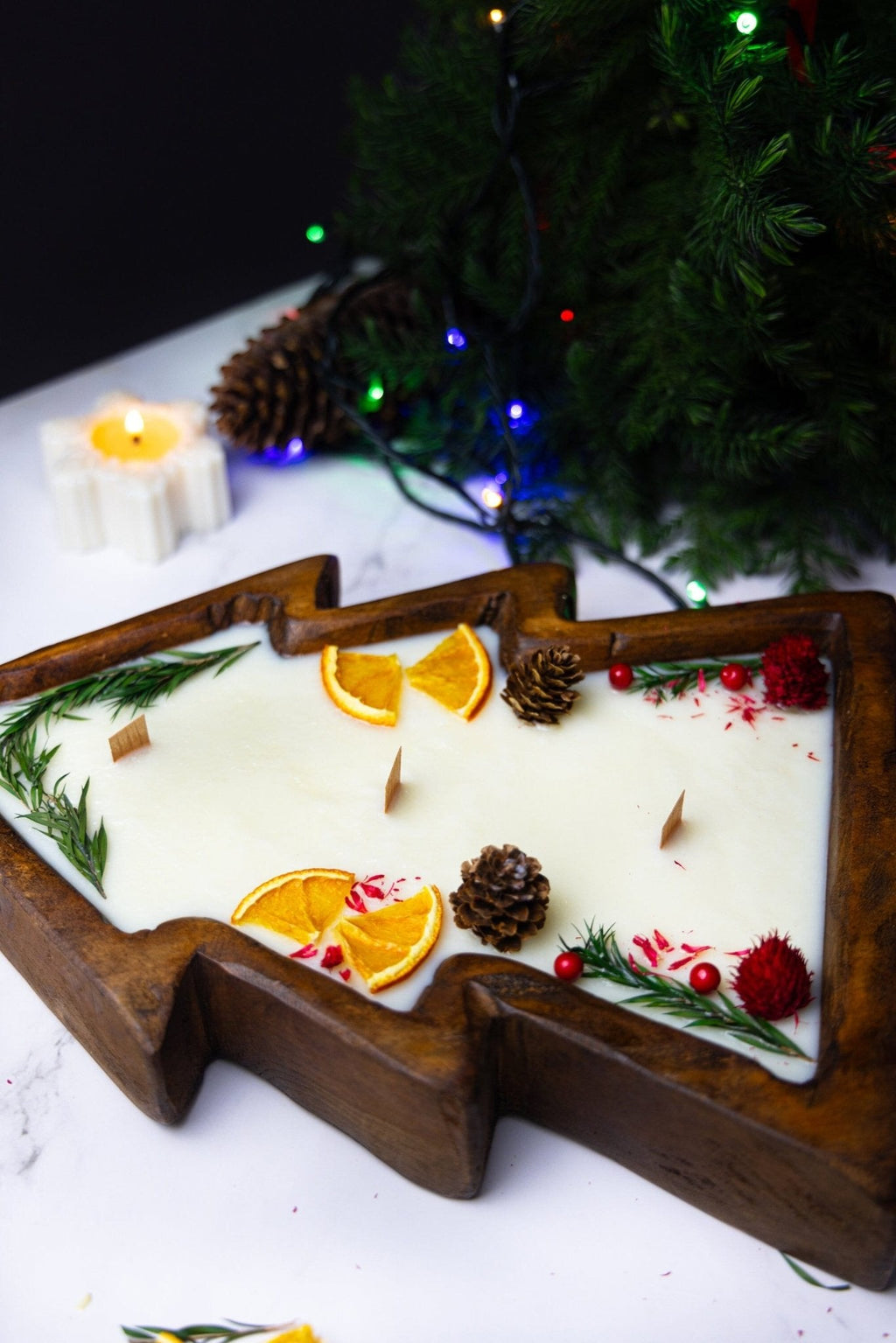Christmas Tree Wooden Dough Bowl Candle – Large Centerpiece