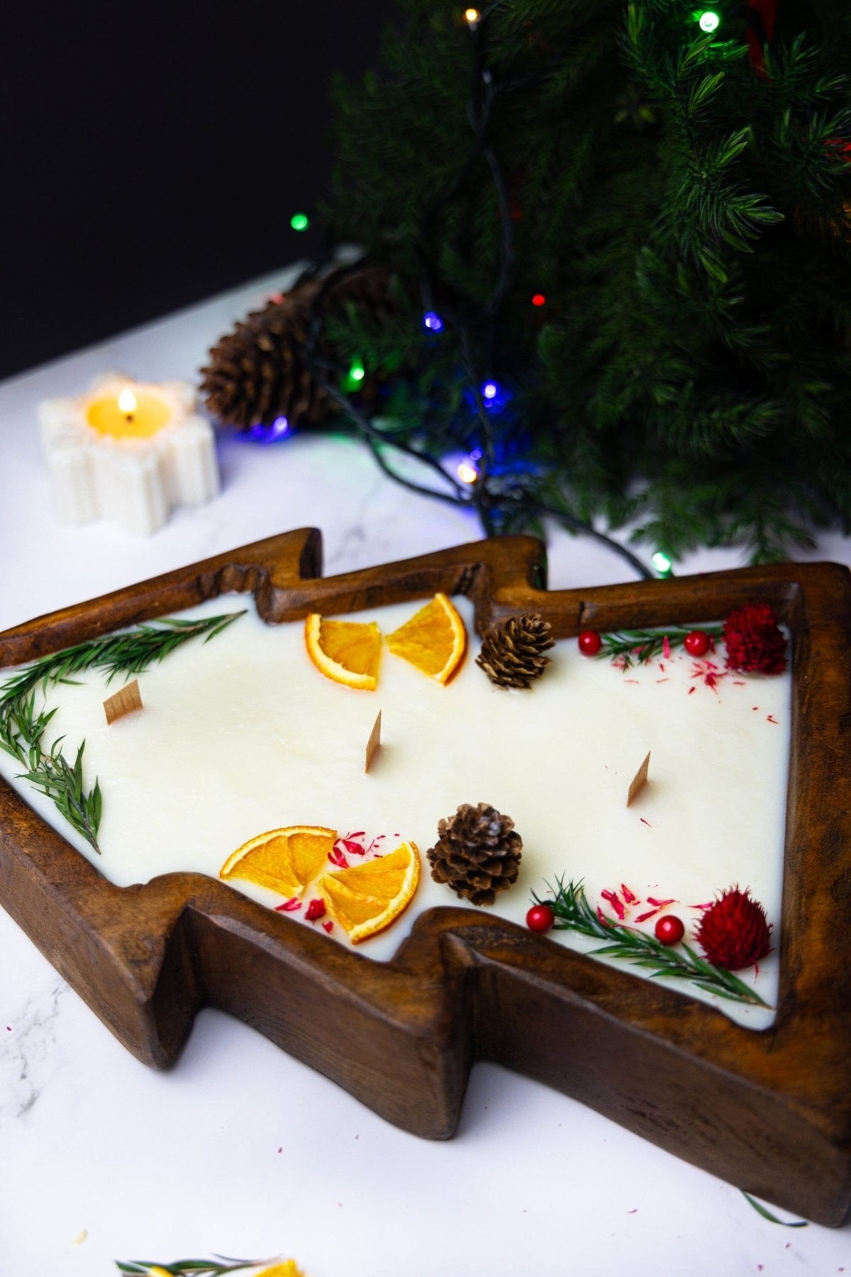 Christmas Tree Wooden Dough Bowl Candle – Large Centerpiece