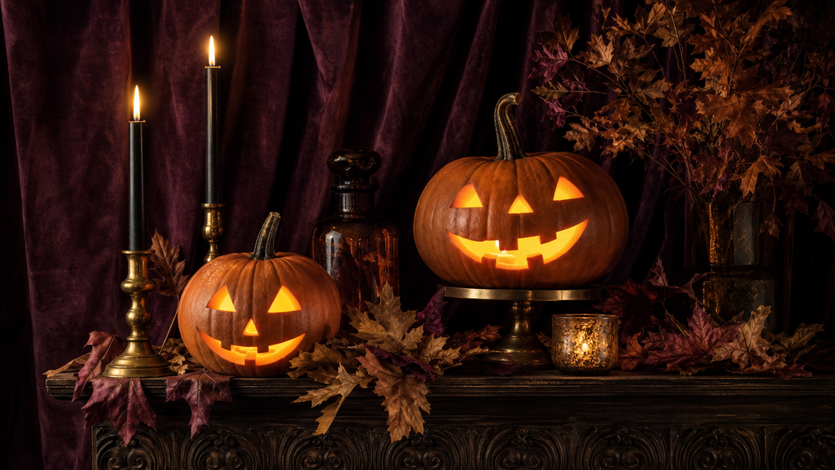 Candlelit Halloween mantel with jack-o'-lanterns
