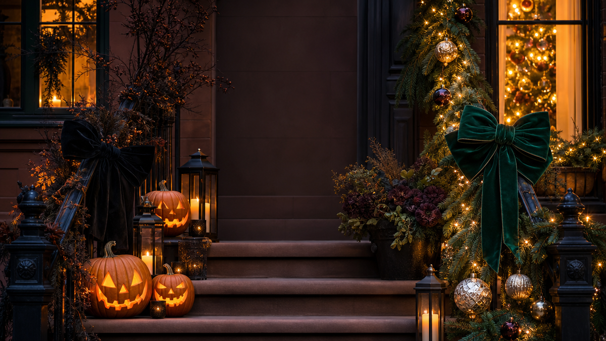 Brooklyn brownstone stoop decorated for Halloween and Christmas