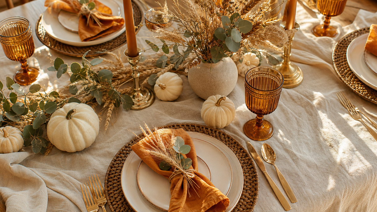 Warm Thanksgiving table with pumpkins and brass candlesticks