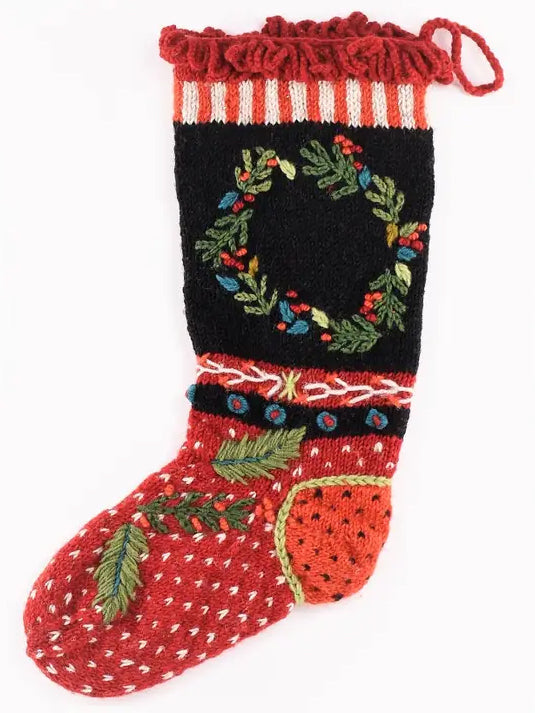 Hand-Knit Wool Christmas Stocking – Wreath Design